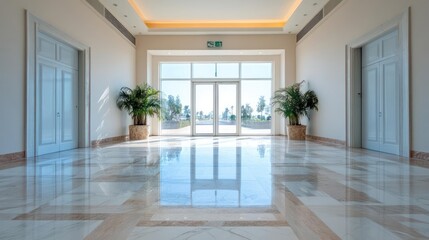 Poster - The serene indoor space features a polished marble floor reflecting natural light from a glass door, flanked by matching potted plants, ornate doors, and subtle ceiling lights, creating a calm and
