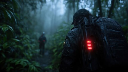 Aufkleber - This photo features two individuals in a dense, green forest. The foreground shows a figure with a backpack equipped with red lights, while the background reveals a second person standing on a path