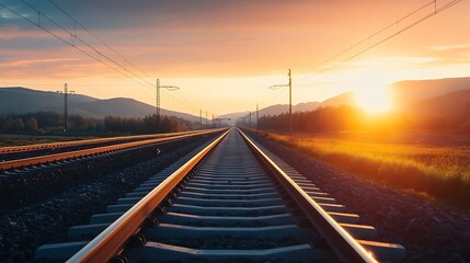 Poster - Sunset Over Train Tracks Leading into the Mountains Representing Travel and Adventure : Generative AI