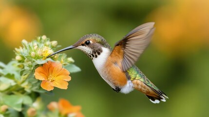 Poster - A rufous hummingbird hovers near vibrant orange flowers against a soft green bokeh backdrop. The bird's outstretched wings and long beak are in focus, highlighting its iridescent plumage and delicate