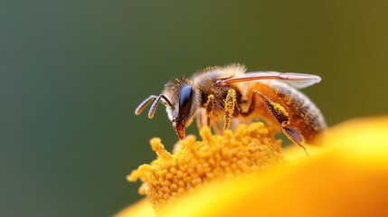 Poster - Close-up shot of a bee gathering pollen from a vibrant yellow flower with a blurred green background, emphasizing the bee's texture and the flower's intricate details