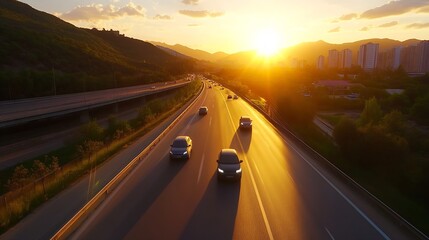 Poster - Golden Hour Sunset Over City Highway with Moving Vehicles Creating Dynamic Urban Life Scene : Generative AI