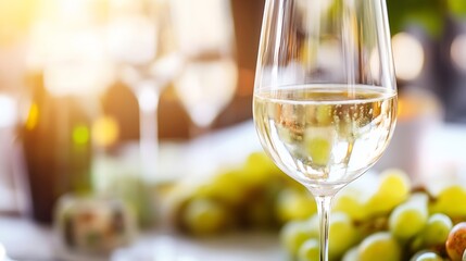 Aufkleber - Elegant glass of white wine surrounded by fresh grapes creating a warm and inviting atmosphere : Generative AI