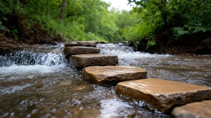 Poster - Eye-level view of natural stone steps across a shallow stream, surrounded by lush green foliage. Water cascades around the stones, creating a tranquil and scenic pathway in a natural setting