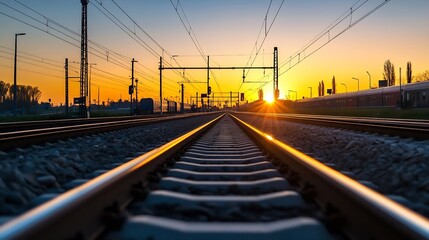 Poster - Vibrant Sunset Over Train Tracks with a Beautiful Sky in the Background : Generative AI