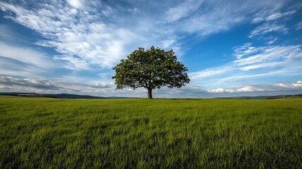 Aufkleber - Lone Oak Tree Surrounded by Lush Green Grass Under Bright Blue Sky : Generative AI