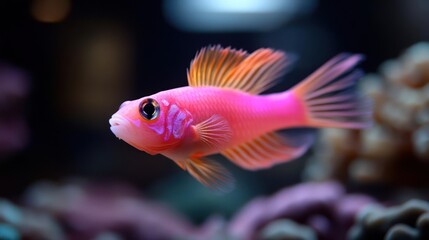 Poster - Close-up shot of a vibrant pink fish with orange fins and detailed patterns, set against a blurred background of coral and marine life. The image captures the fish's delicate features and bright