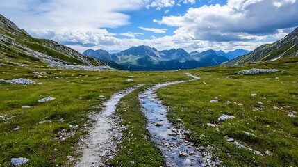Poster - Stunning mountain landscape showcasing grassy trails and towering peaks under a bright sky : Generative AI