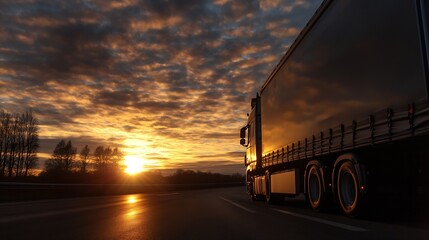 Poster - Truck silhouette on the road during sunset revealing transport and travel themes : Generative AI