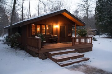 Aufkleber - Exterior shot of a cozy cabin in a snowy forest. The cabin is made of brown wood and has warm light shining from the windows. Snow covers the ground and trees, creating a winter wonderland