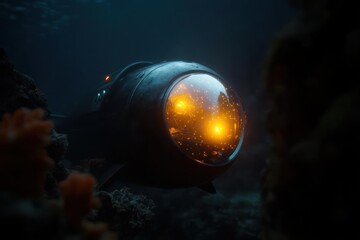 Poster - A deep sea submersible with a bright orange glow from its interior navigates through a dark blue underwater environment near colorful coral. The submarine's rounded glass front is partially visible