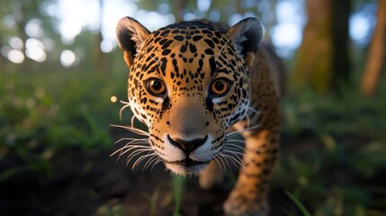 Poster - A close-up view of a jaguar in a lush, green environment. The jaguar is facing the camera, its spotted coat distinct against the blurred background of trees and foliage, creating a sense of depth and