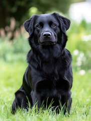 Poster - Majestic portrait of a beautiful black dog sitting proudly on green grass : Generative AI