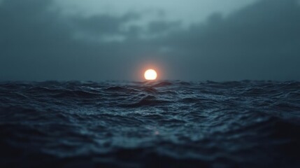 Aufkleber - Moody ocean view under an overcast sky with a softly glowing sun on the horizon, deep teal waters and grey clouds convey a sense of tranquility and the vastness of the sea, captured with a calm and