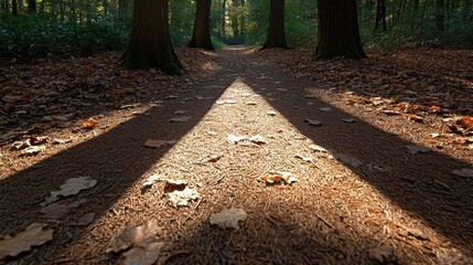 Poster - Golden light streams through the forest, creating long shadows from the trees, contrasting with the bright, leaf-strewn path, creating a striking display of light and shadow in a serene woodland