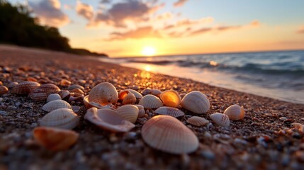Aufkleber - Close-up of seashells scattered on a sandy beach at sunset, creating a warm, serene atmosphere. The setting sun casts a golden glow on the water and the shells, with trees visible on the shoreline in
