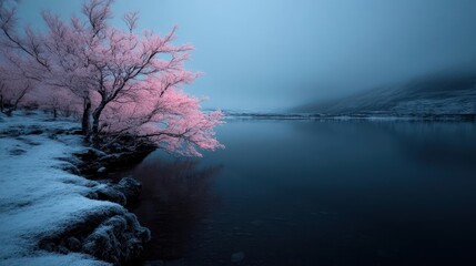 Poster - A serene, moody landscape featuring pink blossom trees along a snowy shoreline reflected in a dark body of water, set against a backdrop of a foggy mountain under a blue-tinged sky, creating a