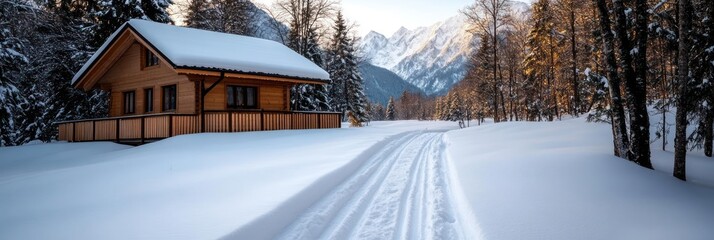 Poster - Winter scene featuring a wooden cabin nestled in a snowy landscape. A snow-covered path leads towards the cabin, with snow-laden trees on either side. Mountains are visible in the distance under a