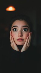 Poster - A woman with a shocked or startled facial expression.