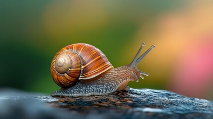 Poster - Detailed macro shot captures a snail with a brown patterned shell crawling on a wet, dark surface. The blurred background features vibrant colors of green and pink, adding depth to the nature scene