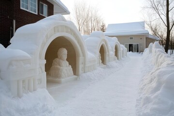 Aufkleber - Detailed outdoor shot features an ice sculpture of a person under multiple archways, alongside snow piles. The background includes a red brick building and a light yellow house, both capped with snow