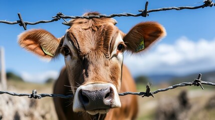 Poster - Curious Brown Cow Behind Barbed Wire on Sunny Day in Rural Setting : Generative AI