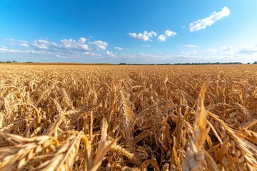 Poster - Golden wheat field stretches to the horizon under a blue sky with scattered clouds. The foreground features close-up wheat stalks, creating depth and texture in this idyllic agricultural landscape