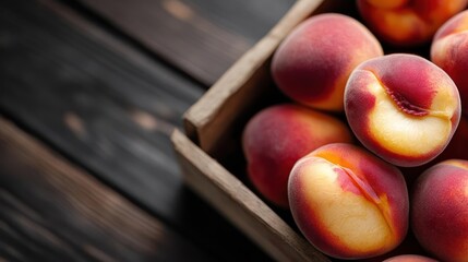 Poster - High-angle shot featuring a crate filled with ripe, fuzzy peaches. The peaches, displaying warm yellow and red tones, are nestled against the dark, rustic texture of a wooden surface
