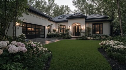Aufkleber - Exterior view of a modern, single-story house with white stucco walls, a dark tiled roof, and a glass-paneled garage door surrounded by lush green grass, blooming hydrangea bushes, and various trees