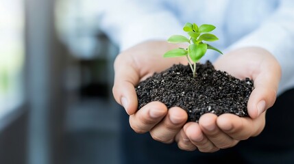 Poster - Young Green Seedling Growing in Hands Surrounded by Dark Rich Soil : Generative AI
