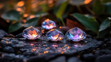 Fototapete - Detailed shot of faceted gemstones with vibrant, iridescent colors, resting on dark, wet rocks amidst green leaves. The stones reflect light, creating warm highlights and a shimmering effect