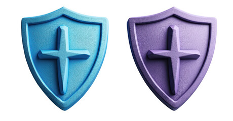 Aufkleber - Intricate 3d rendered shields with cross symbols in blue and purple colors on a black background