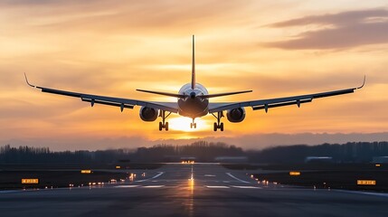 Poster - Airplane Taking Off Against a Stunning Sunset Sky with Colorful Clouds on the Horizon : Generative AI