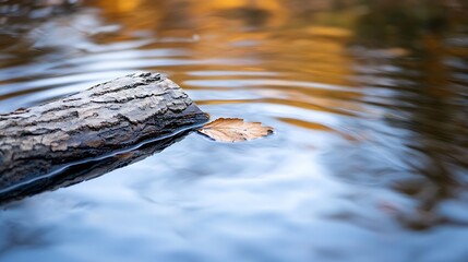 Poster - Tranquil Autumn Scene with Leaf Floating on Calm Water Surface Surrounded by Natural Reflections : Generative AI