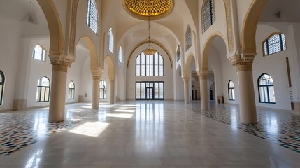 Poster - Spectacular Interior of a Grand Mosque with Illuminated Dome and Architectural Details Highlighted : Generative AI