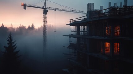 Aufkleber - A construction site under a misty evening sky, featuring a tall crane and a building skeleton illuminated with warm interior lights. Foreground trees add depth, set against a backdrop of soft