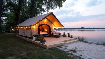 Poster - Picturesque glamping site featuring a large tent illuminated by warm lights, situated on a wooden platform by the serene water's edge at dusk with natural tones