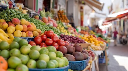 Poster - Colorful Fresh Fruits Displayed at a Local Market with Vibrant Atmosphere : Generative AI