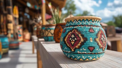 Leinwandbilder - A vibrant, turquoise woven container stands out on a white wooden ledge, featuring intricate patterns in red, black, and yellow. More containers fade into the background with a light, airy outdoor