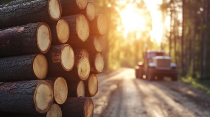 Aufkleber - Stack of Freshly Cut Logs by the Roadside with Truck in Sunlit Forest : Generative AI