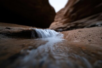 Aufkleber - A close-up shot features a gentle stream flowing through a canyon, captured with a slow shutter speed to create a soft, blurred water effect, highlighting the natural beauty and serene atmosphere of