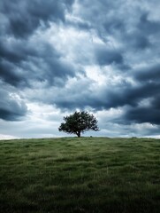 Aufkleber - Lonely Tree on Hill Under Dramatic Clouds Overcast Sky Captured in Stunning Natural Landscape : Generative AI
