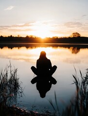 Aufkleber - Silhouette of a Person Meditating by the Water During a Calm and Colorful Sunset : Generative AI