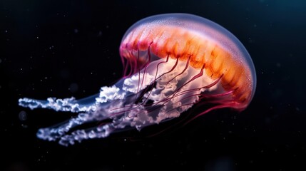 Poster - Close-up of a vibrant orange and pink jellyfish with flowing white tentacles in a dark ocean setting. The jellyfish is highlighted against a blurred background, creating a mesmerizing underwater