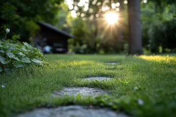 Aufkleber - Sunlight streams through the trees in a lush, green garden, illuminating a stone pathway leading towards a wooden structure. The tranquil scene highlights nature's beauty with a soft, focused