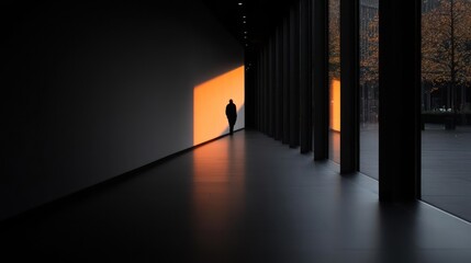 Aufkleber - A lone figure walks through a modern hall illuminated by a warm, golden light that casts a stark contrast against the dark, shadowed interior. The exterior is blurred, hinting at an urban landscape