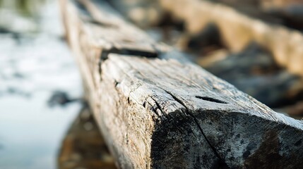 Aufkleber - Close up of weathered wooden log over calm water surrounded by natural scenery : Generative AI