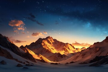 Aufkleber - Dramatic landscape featuring snow capped mountains illuminated by warm golden light against a deep blue sky dotted with stars. The scene captures a serene yet majestic ambiance of nature's grandeur