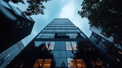 Poster - Low angle shot of a modern building with glass windows and a dark exterior under a cloudy sky, framed by trees. The geometric shapes of the building contrast with the organic forms of the trees in a