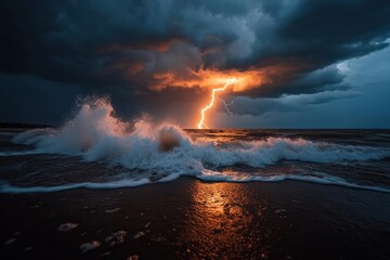 Poster - Dramatic ocean scene with a lightning strike illuminating the sky and reflecting in the wet sand and crashing waves. The sky is filled with dark, stormy clouds tinged with orange from the lightning